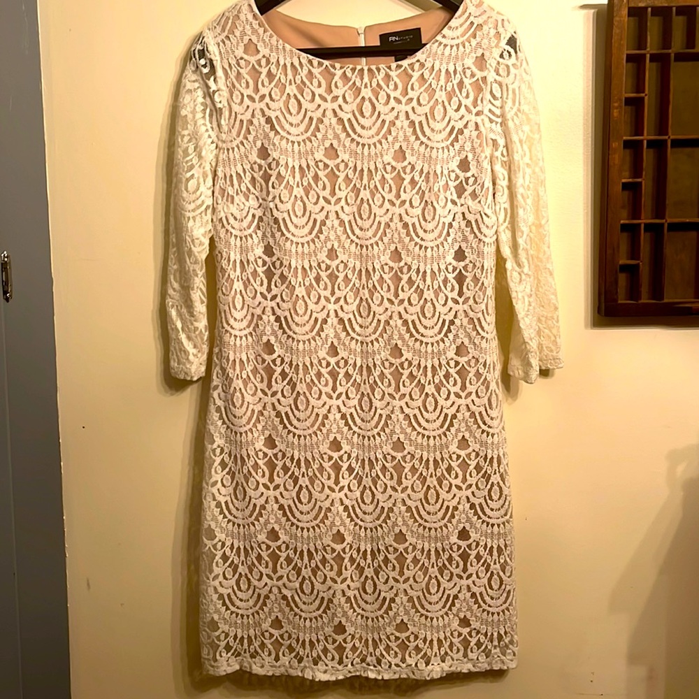 RN Studio Ronni Nicole Womens Ivory Sheath Lace Paisley Midi Dress 3/4 Sleeve